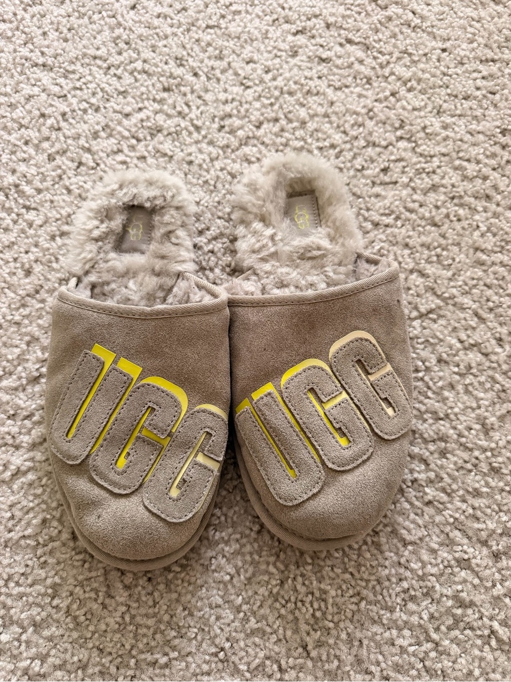 UGG Taupe Suede One-Piece Slippers with Yellow Logo Accents